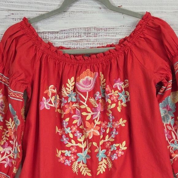 Free People Red Fleur Du Jour Mini Dress S Bold Floral Embroidered Boho Festival - Picture 6 of 14
